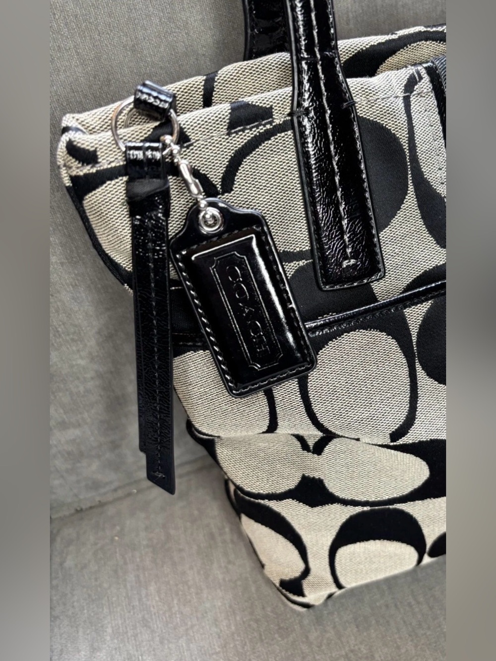 Coach F25771 Signature Stripe Tote Black/Khaki Patent Leather Trim Shoulder Bag - Picture 3 of 16